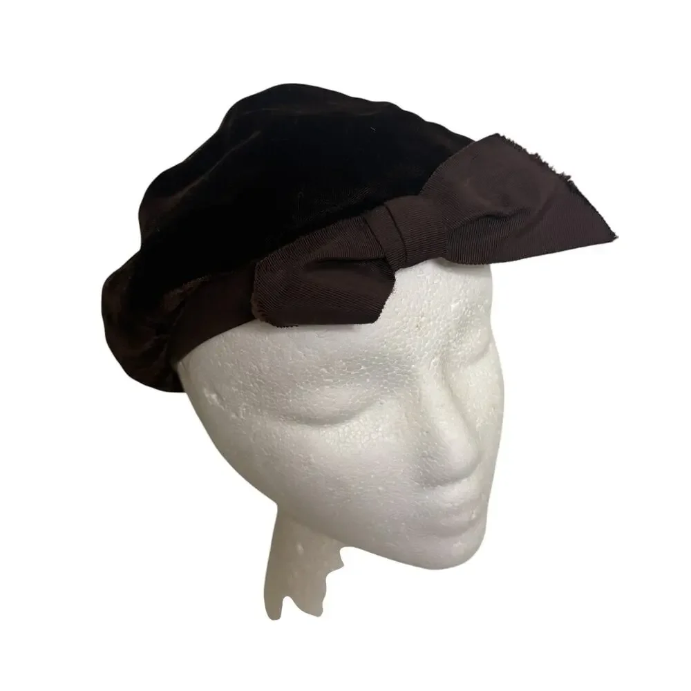 Vintage 60s Velvet Beret Brown Bow Parisian Mod Retro Cottagecore Hat - Picture 2 of 7